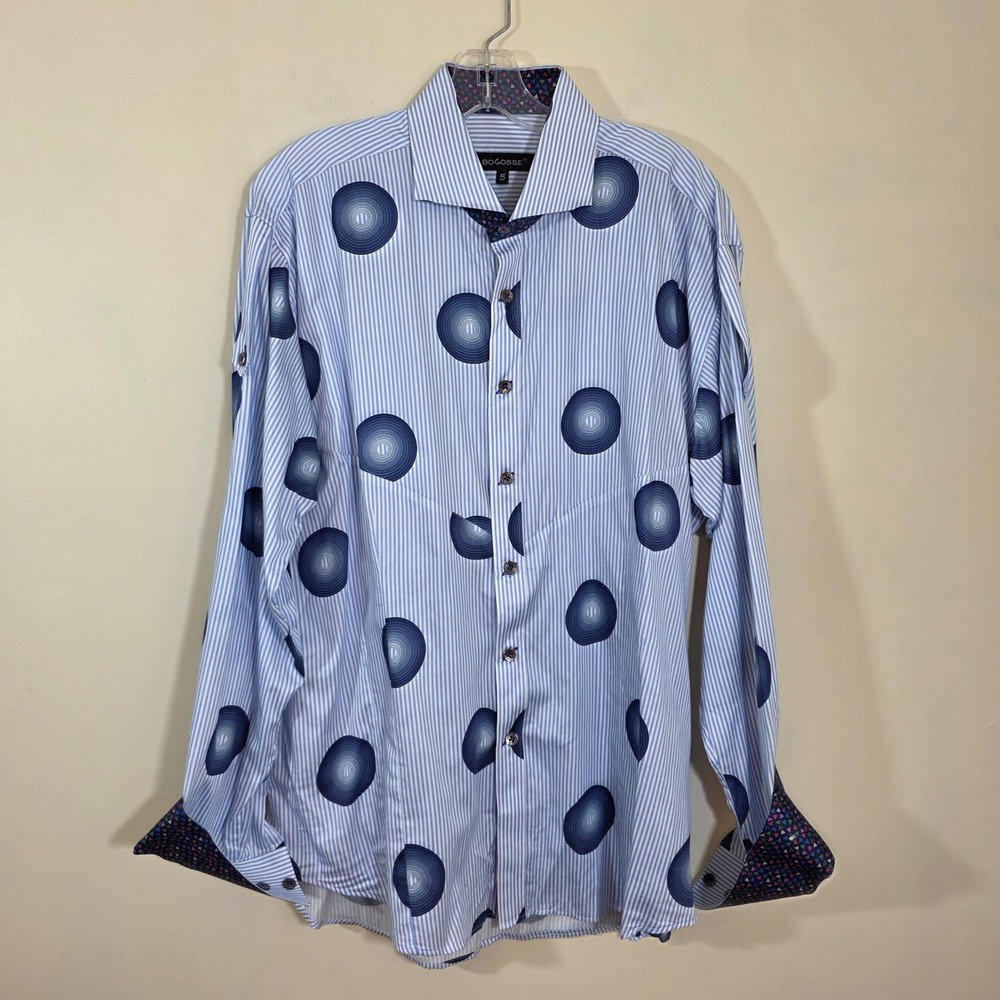 Bogosse Mens Shirt Blue Stripe Concentric Circle Graphic Long Sleeve Size 5 XL
